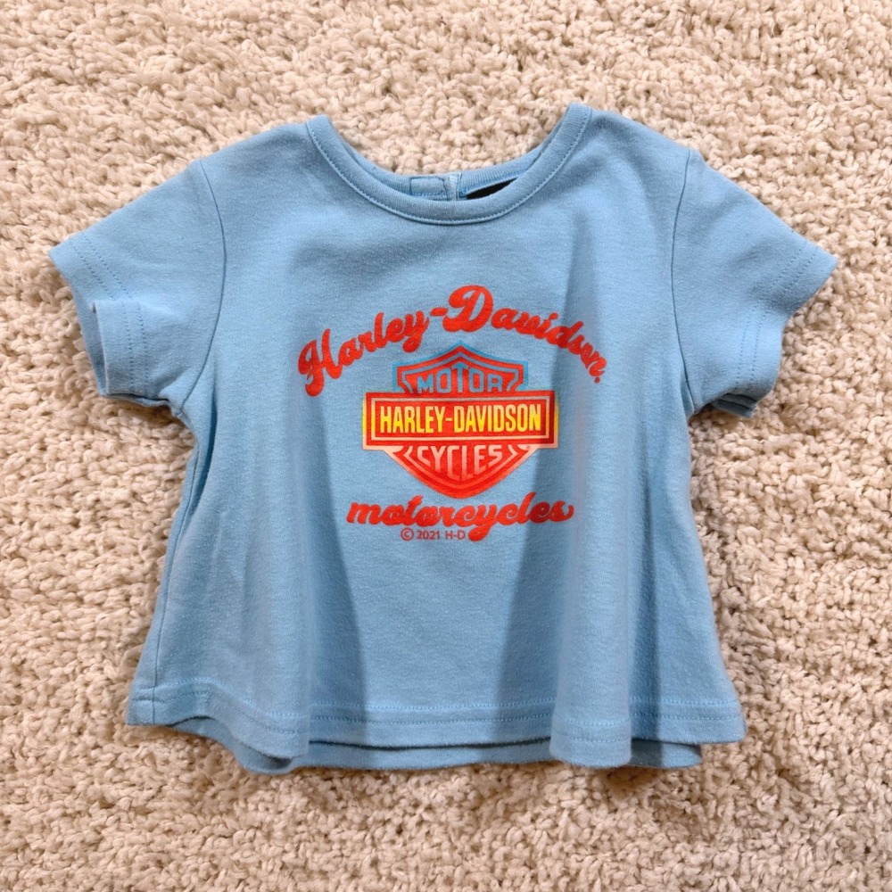 Harley Davidson Baby Blue Graphic Logo T-Shirt 18M Biker Tee Motorcycle Grunge